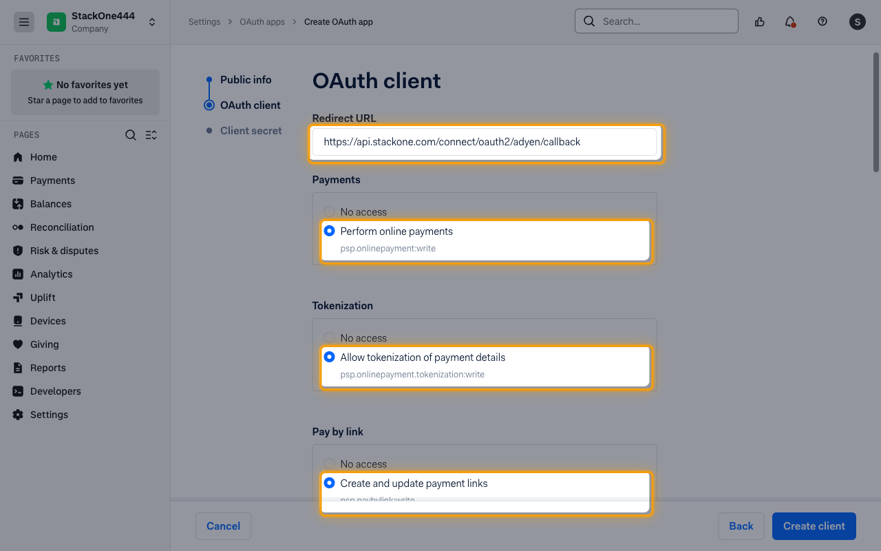 The OAuth client step with the Redirect URL and the Payments and Tokenization scope options highlighted