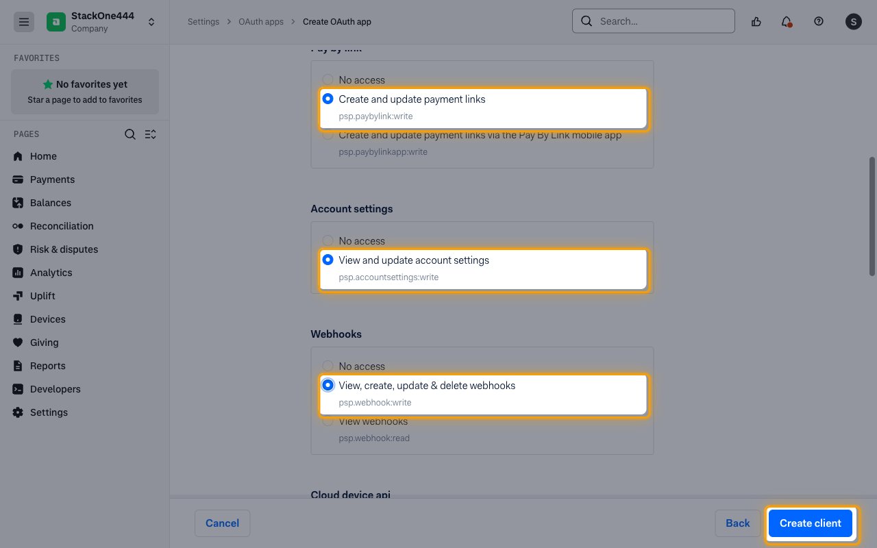 The Pay by link, Account settings and Webhooks scope options and the Create client button highlighted
