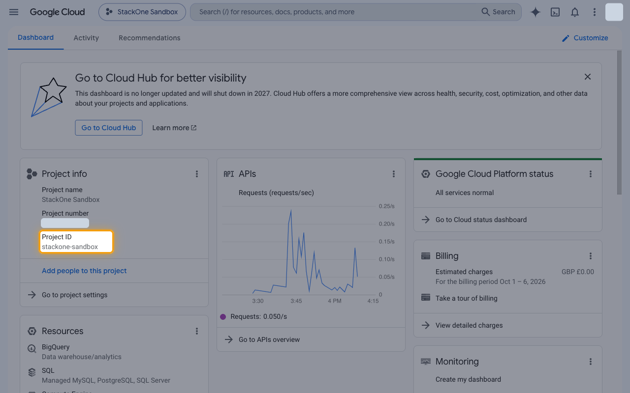 Google Cloud dashboard Project info card with the Project ID highlighted