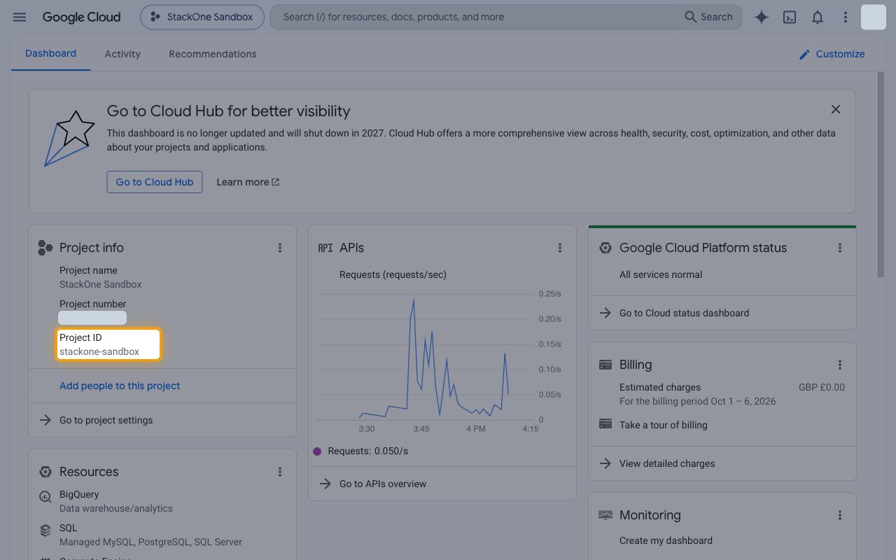 Google Cloud dashboard Project info card with the Project ID highlighted