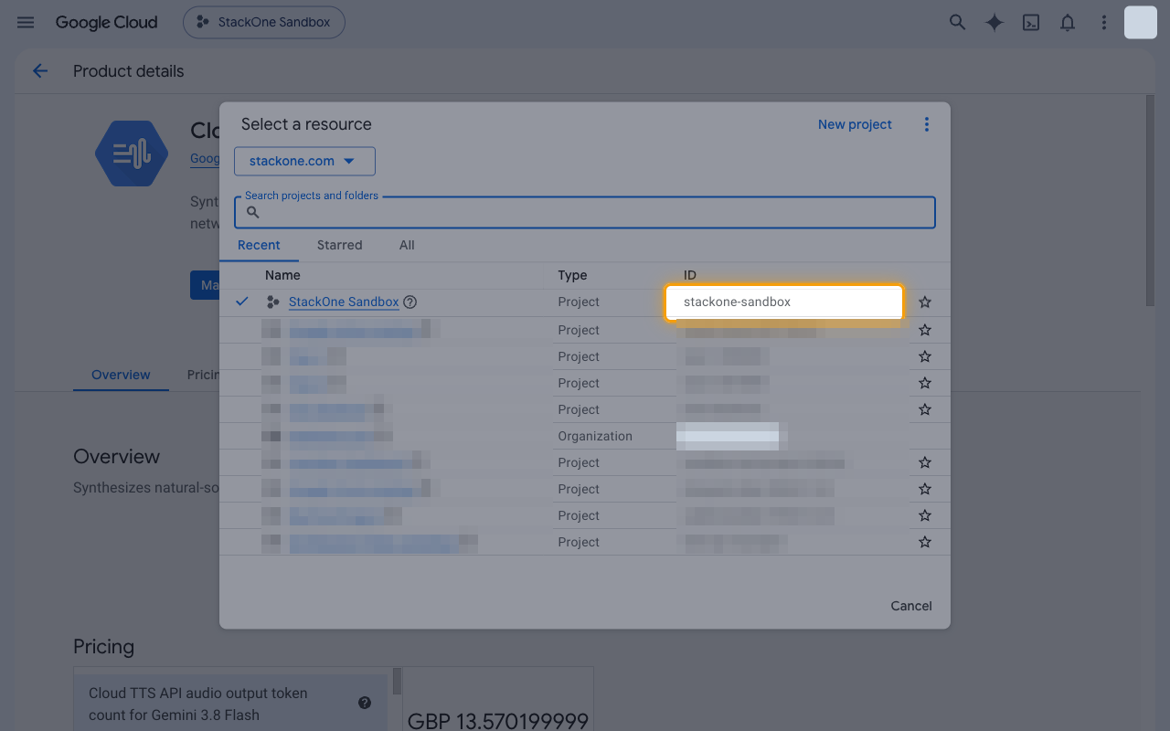 Select a resource dialog with the ID column value of the current project highlighted