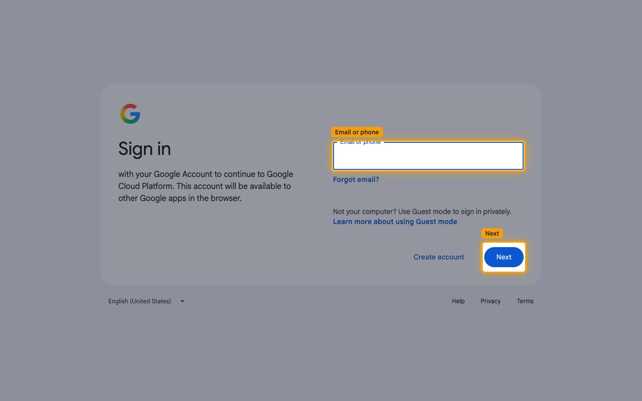 Google sign-in page with the Email or phone field and the Next button highlighted