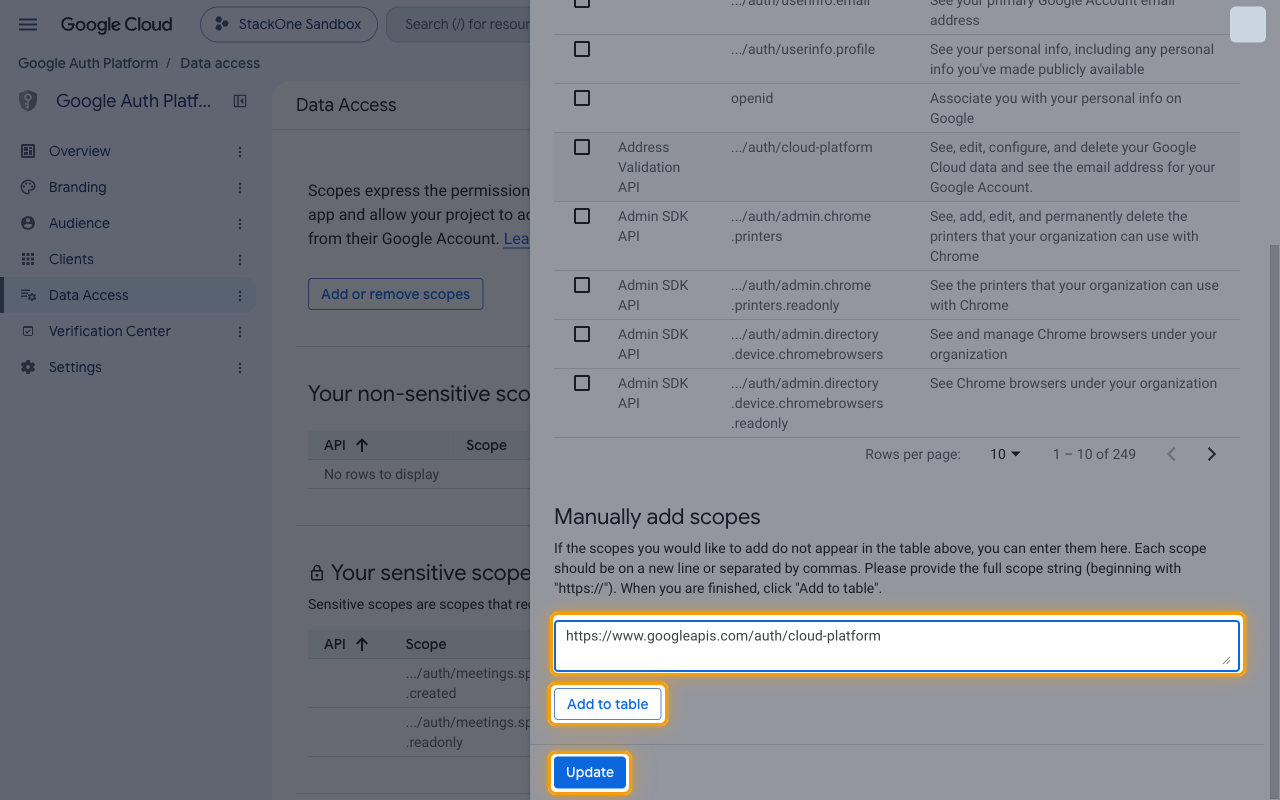 Update selected scopes panel with the cloud-platform scope pasted into Manually add scopes and the Add to table and Update buttons highlighted