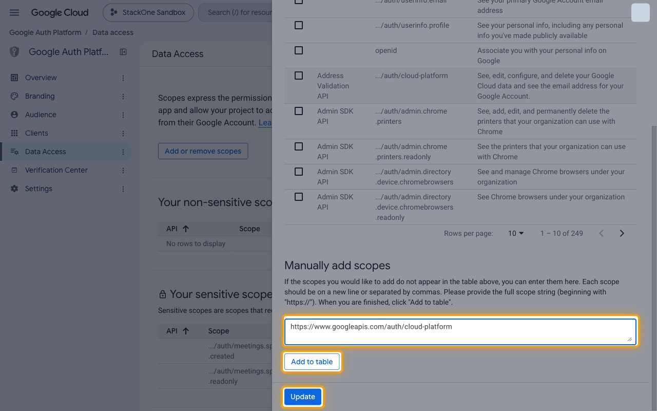 Update selected scopes panel with the cloud-platform scope pasted into Manually add scopes and the Add to table and Update buttons highlighted