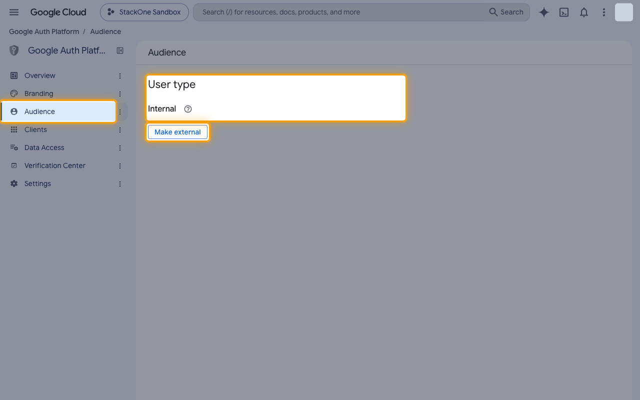 Google Auth Platform Audience page with the User type and the Make external button highlighted