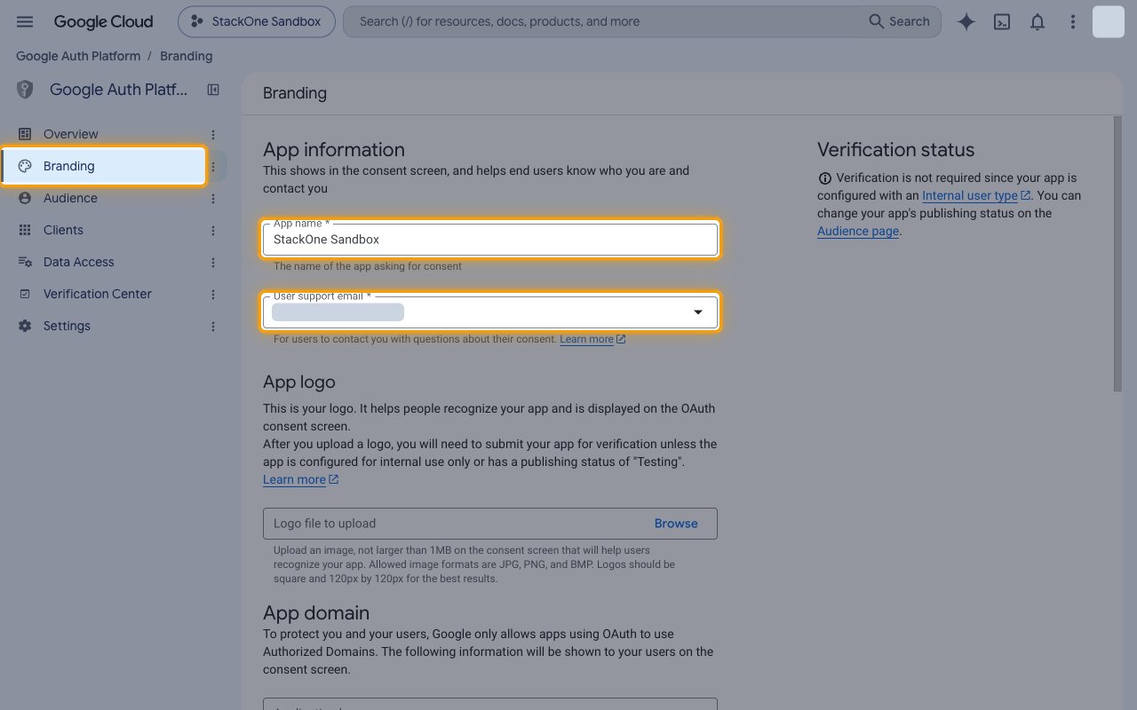 Google Auth Platform Branding page with the App name and User support email fields highlighted
