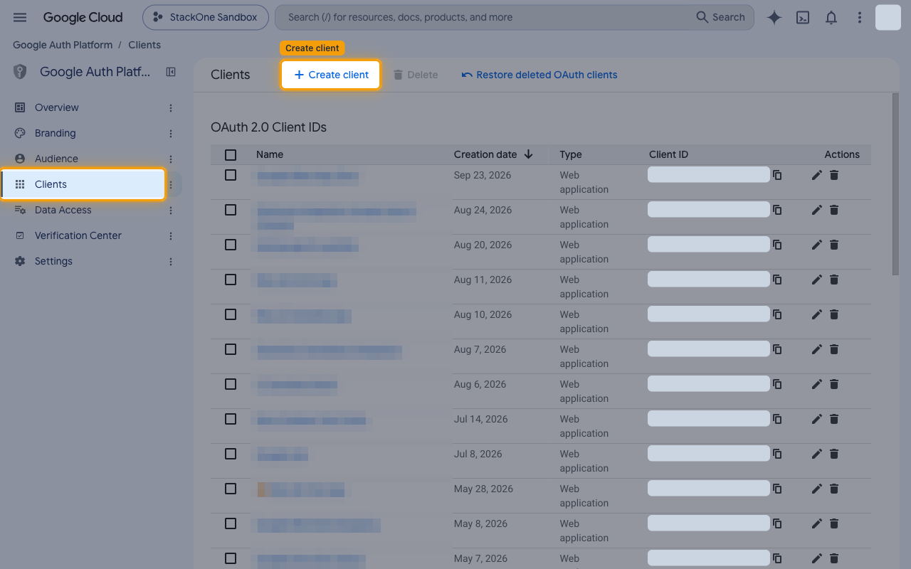 Google Auth Platform Clients page with the Create client button highlighted