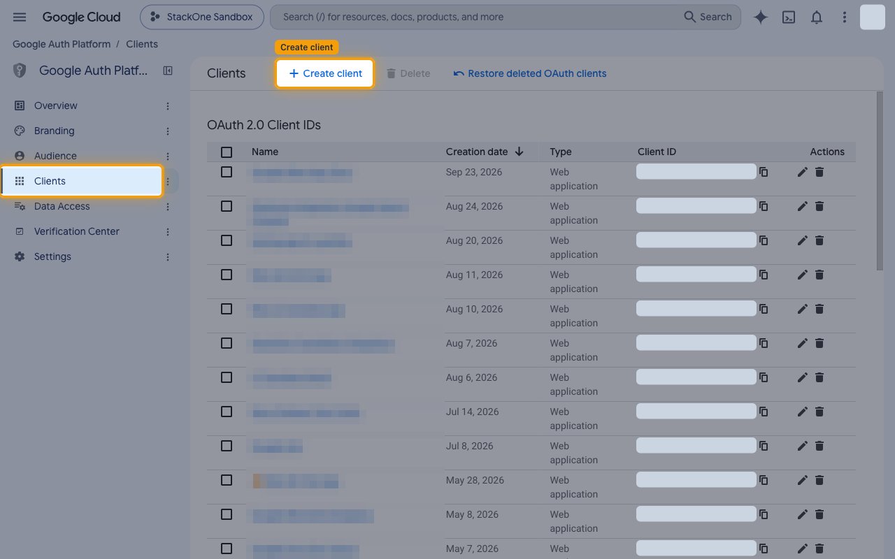 Google Auth Platform Clients page with the Create client button highlighted