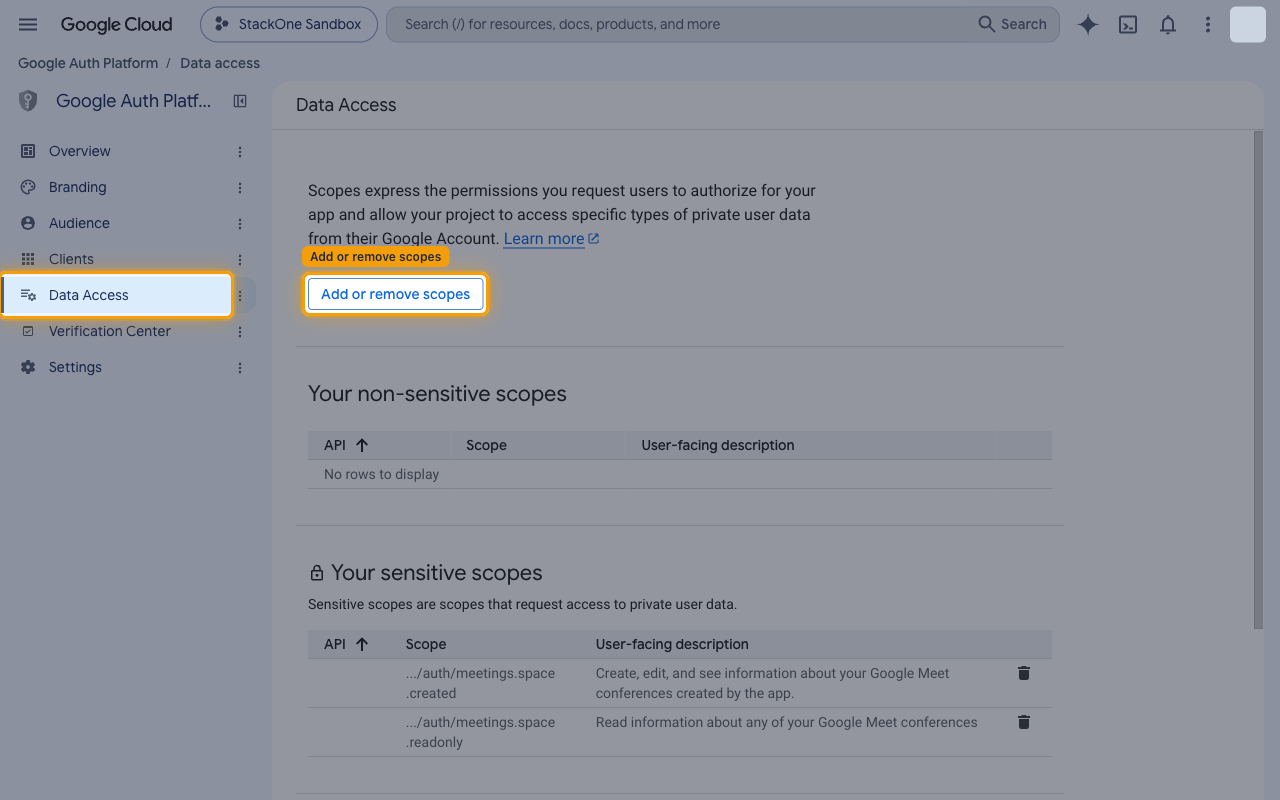 Google Auth Platform Data Access page with the Add or remove scopes button highlighted