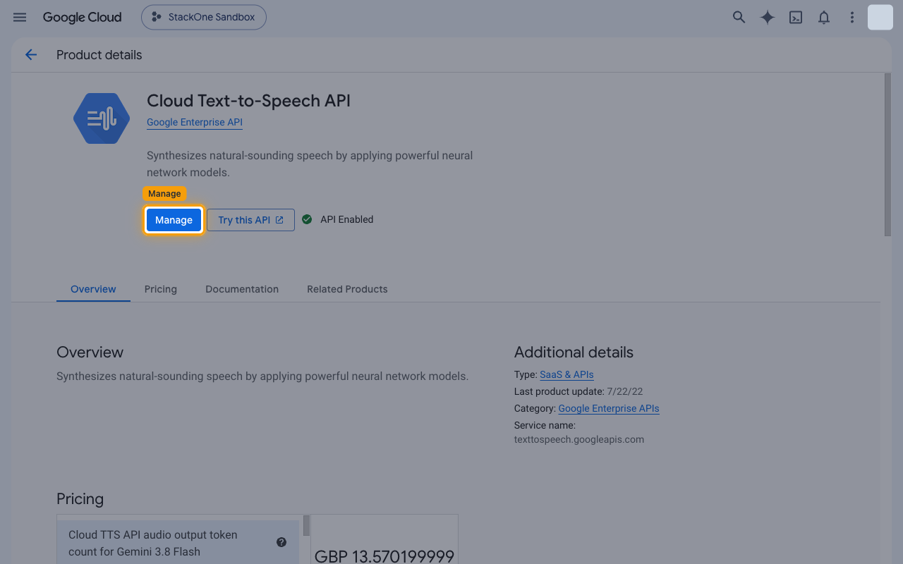 Cloud Text-to-Speech API product page showing API Enabled with the Manage button highlighted