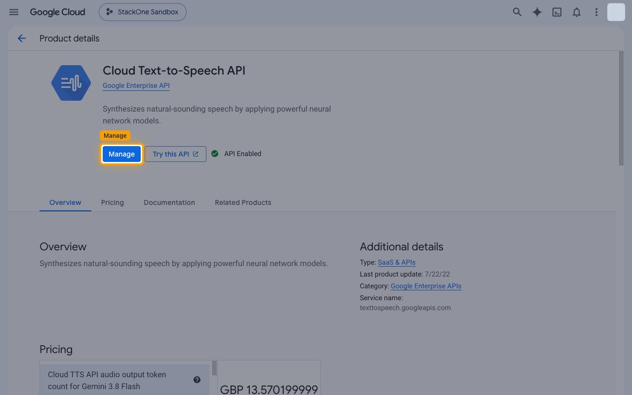 Cloud Text-to-Speech API product page showing API Enabled with the Manage button highlighted