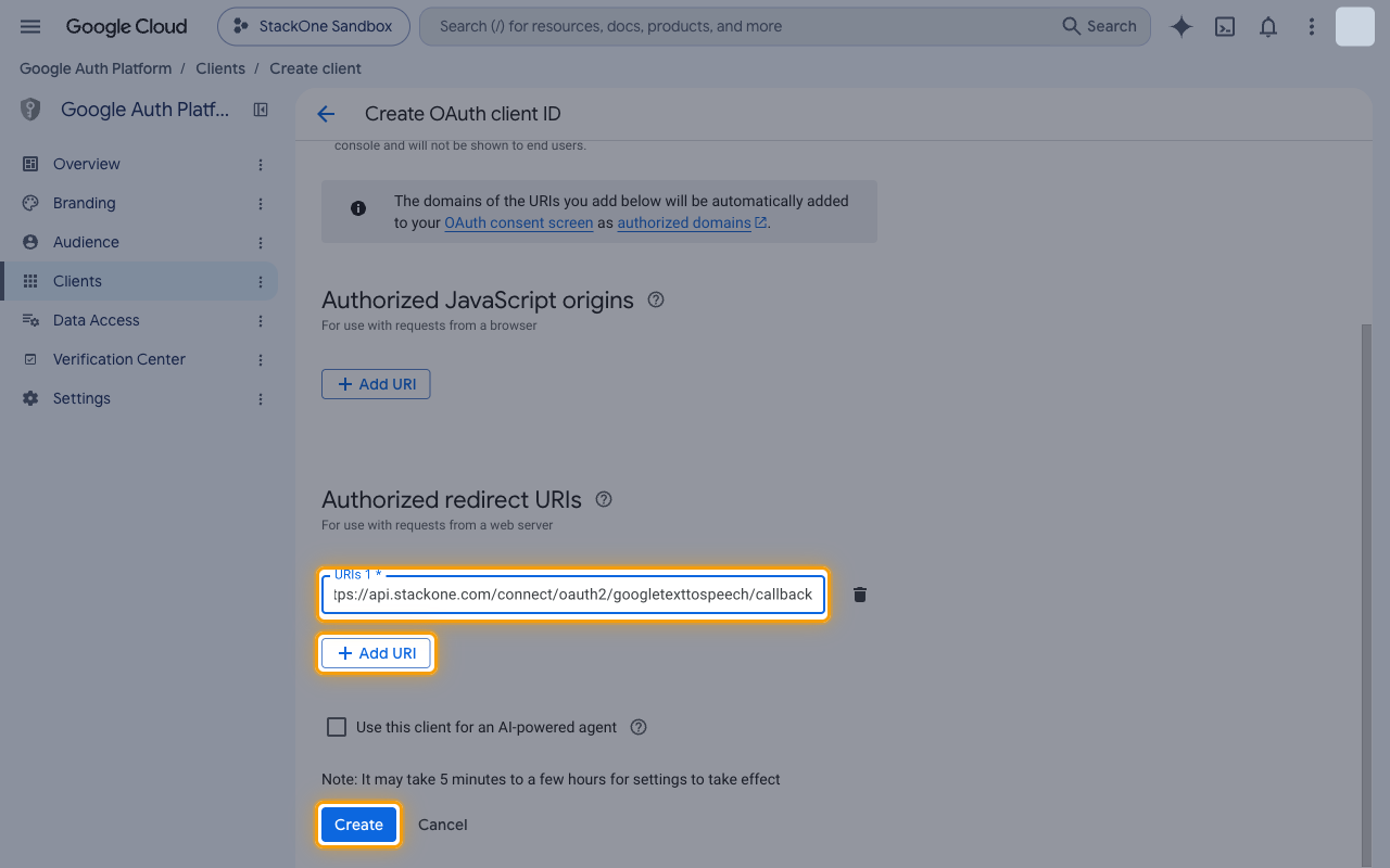 Authorized redirect URIs section with the StackOne callback URL entered and the Create button highlighted
