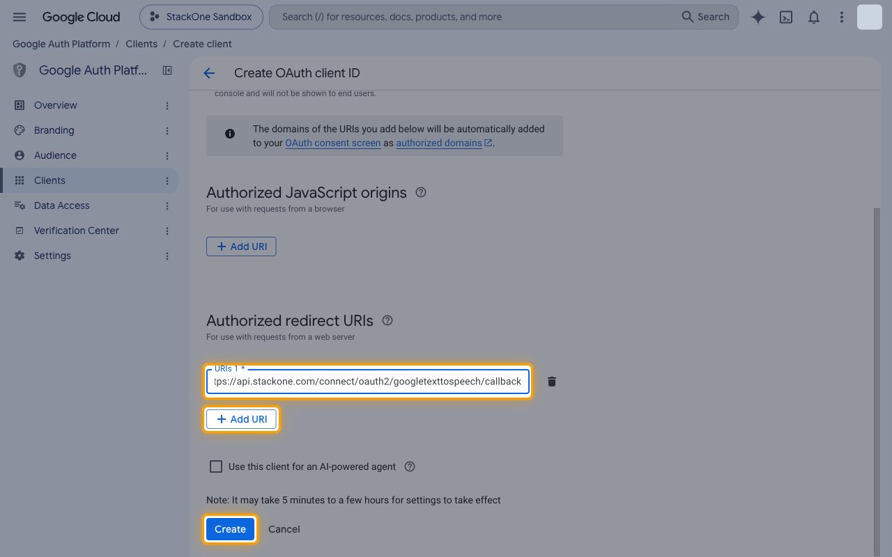 Authorized redirect URIs section with the StackOne callback URL entered and the Create button highlighted