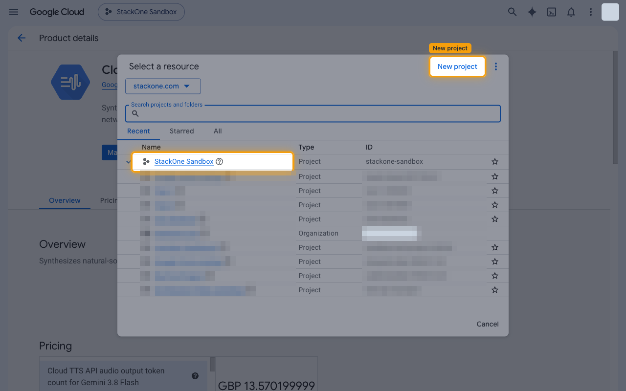 Select a resource dialog with the New project button and an existing project highlighted