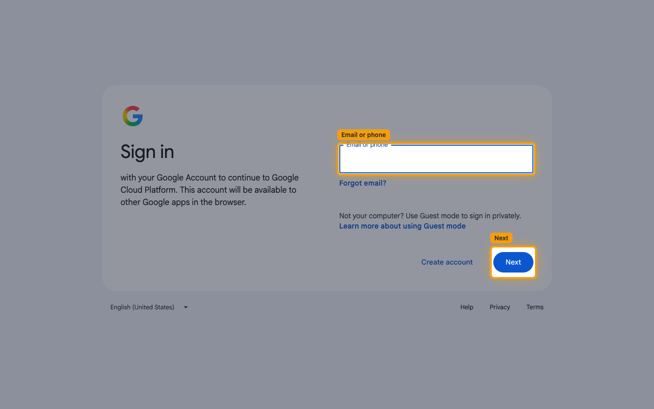 Google sign-in page with the Email or phone field and the Next button highlighted