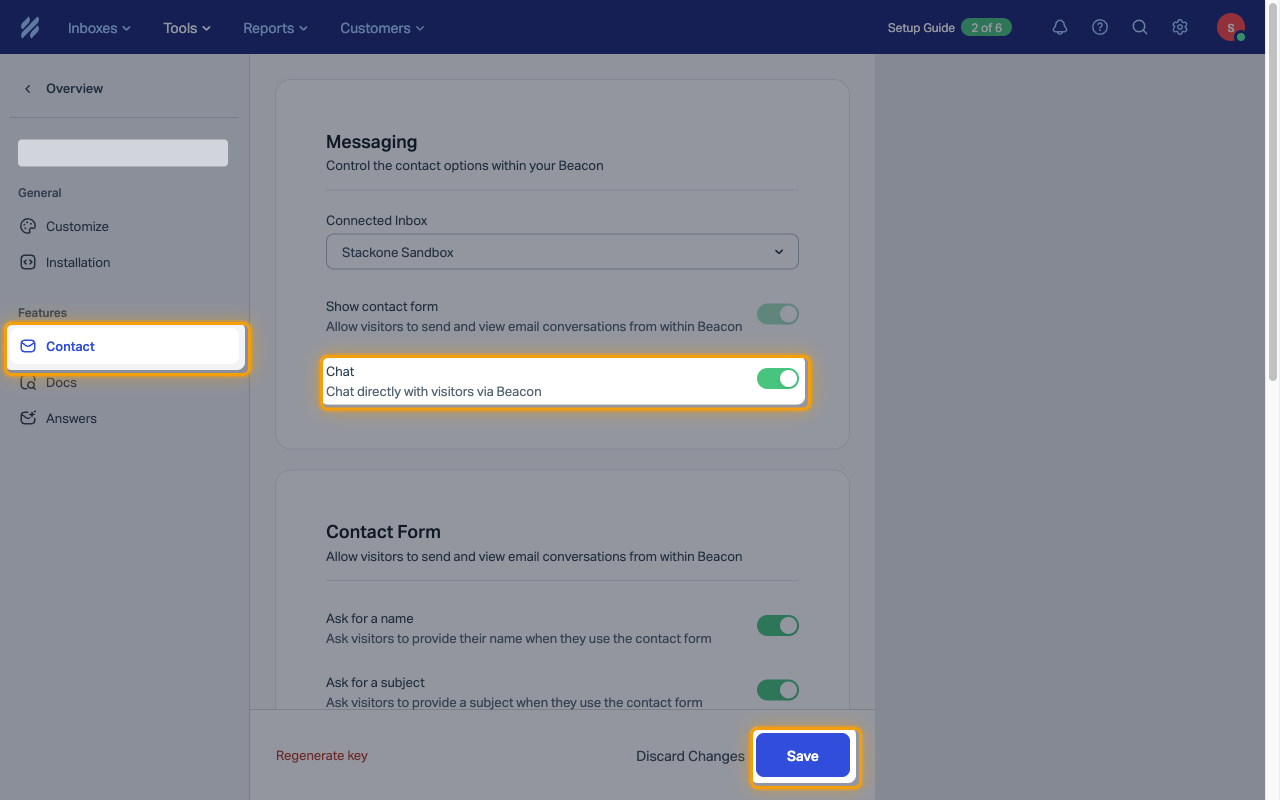 Beacon Contact settings with the Contact menu item, the Chat toggle, and Save highlighted