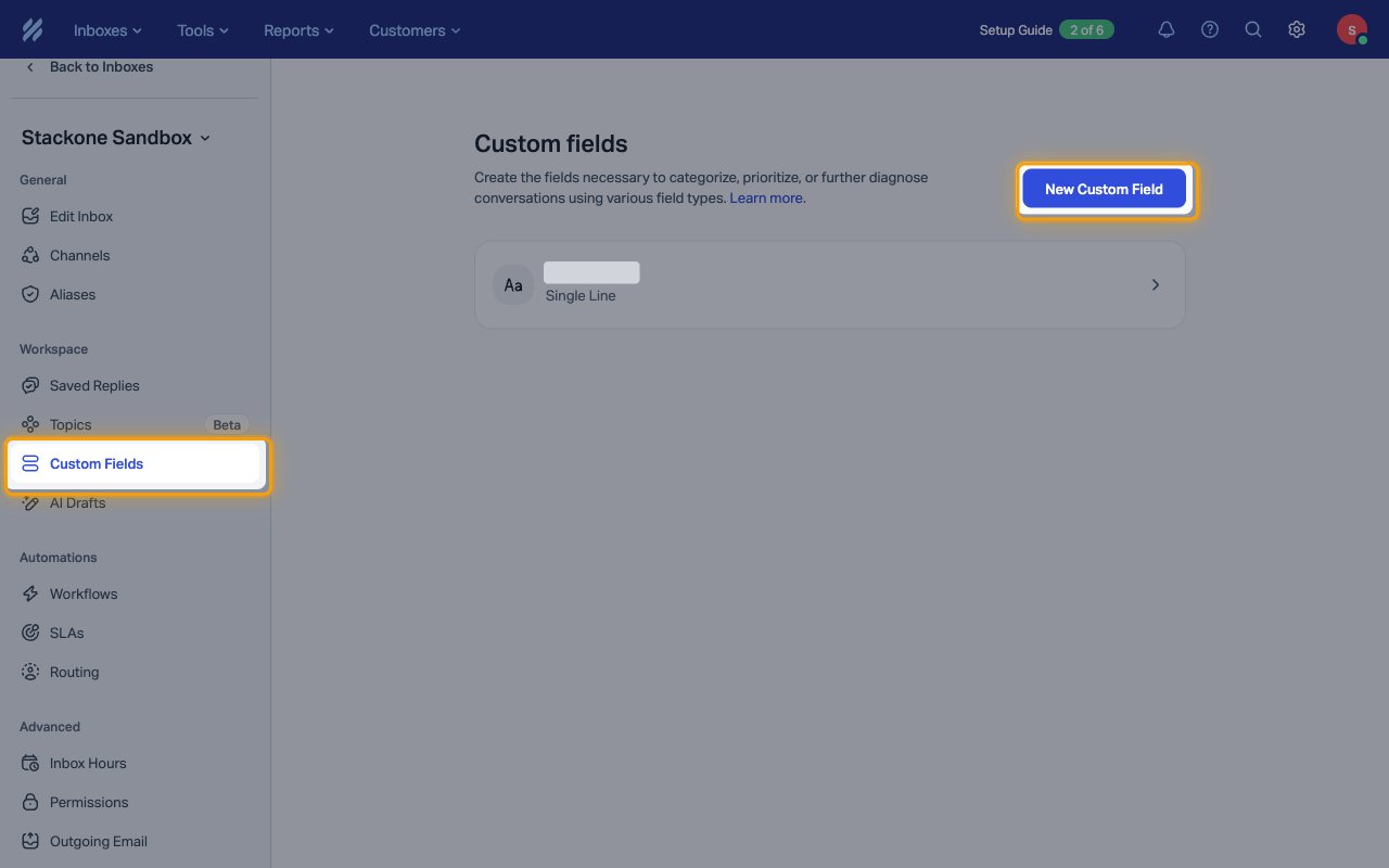 Inbox Custom Fields settings with the menu item and the New Custom Field button highlighted