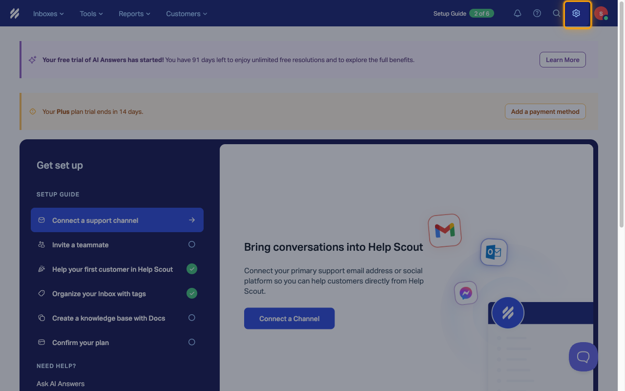 The Help Scout dashboard with the Settings gear icon highlighted in the top bar