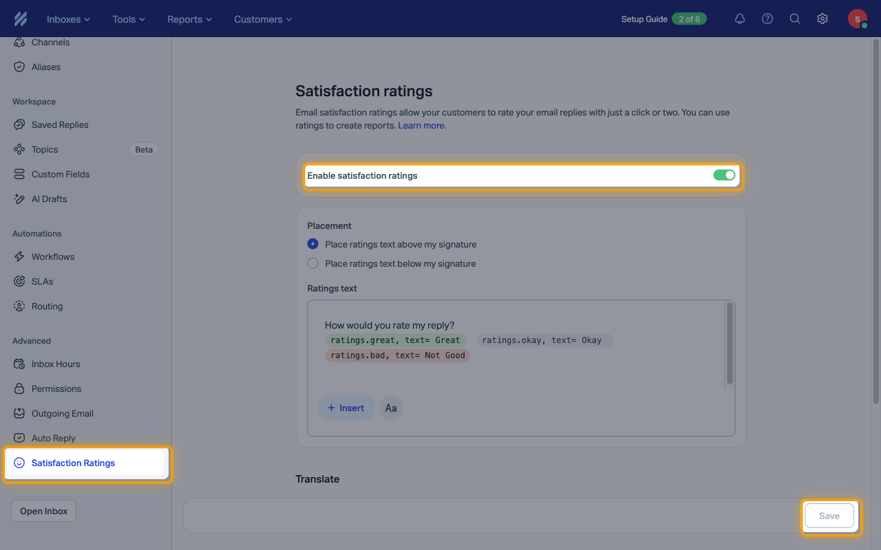 Inbox Satisfaction Ratings settings with the menu item, the Enable satisfaction ratings toggle, and Save highlighted