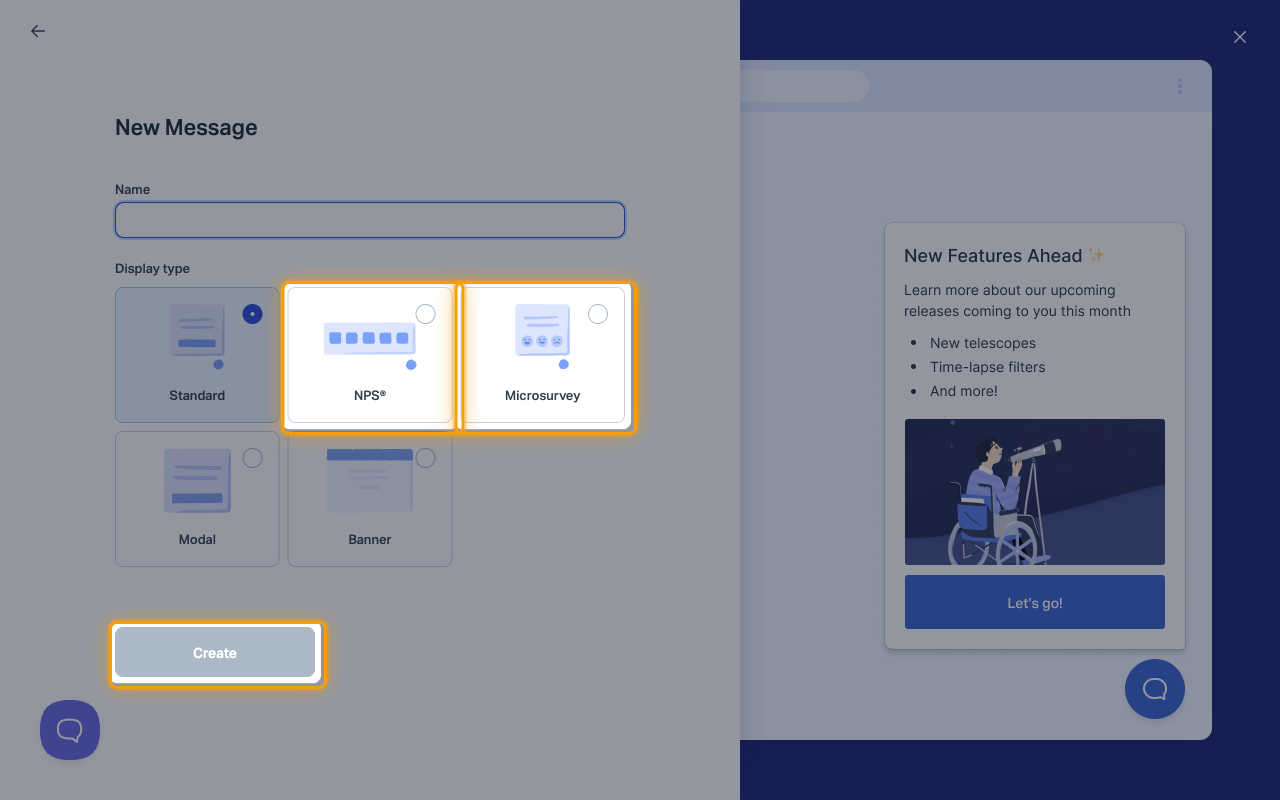 The New Message panel with the NPS and Microsurvey display types and the Create button highlighted