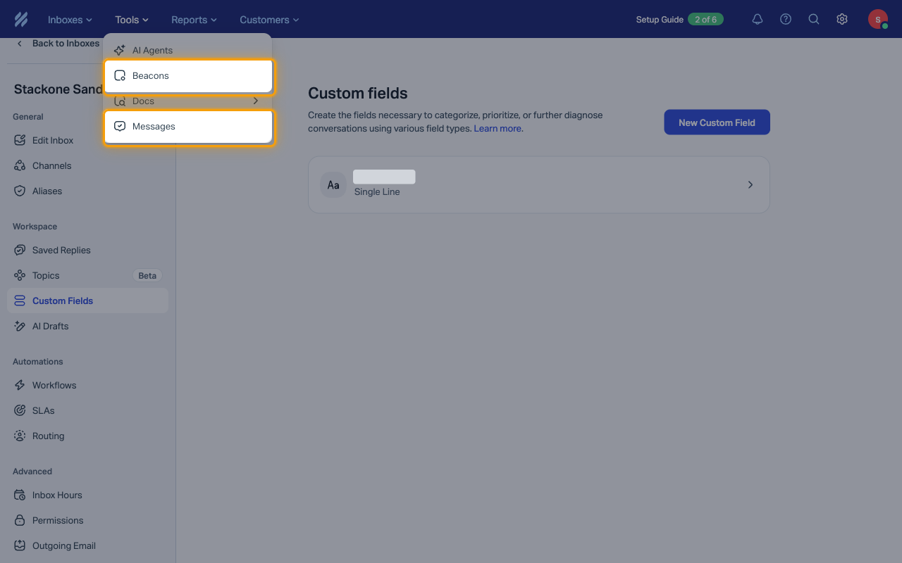 The Tools menu in the Help Scout top bar with Beacons and Messages highlighted