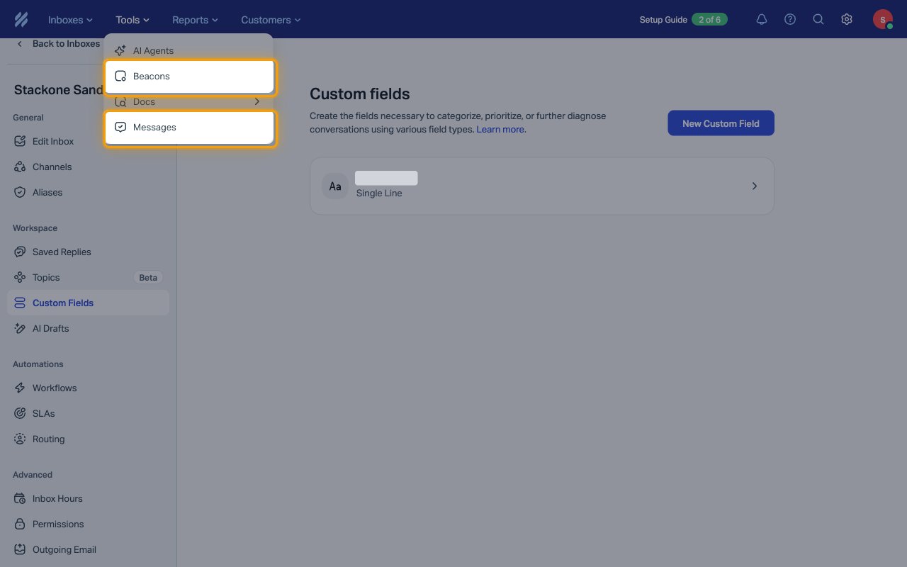 The Tools menu in the Help Scout top bar with Beacons and Messages highlighted