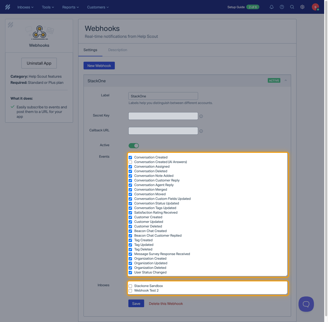 The expanded StackOne webhook with the Events checklist and Inboxes highlighted and the Secret Key and Callback URL hidden