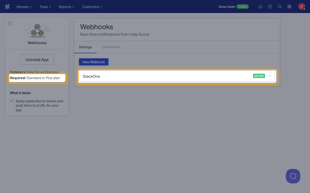 The Webhooks app with the StackOne webhook row and the Required Standard or Plus plan note highlighted