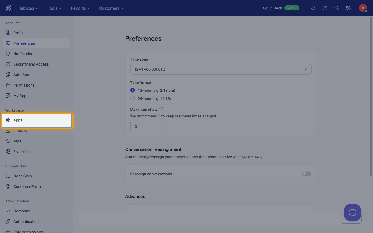 The Help Scout settings menu with Apps highlighted under Workspace