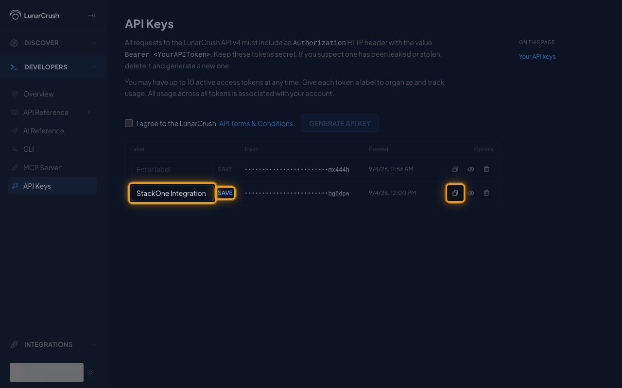 The new API key row with the label field, Save, and Copy token highlighted