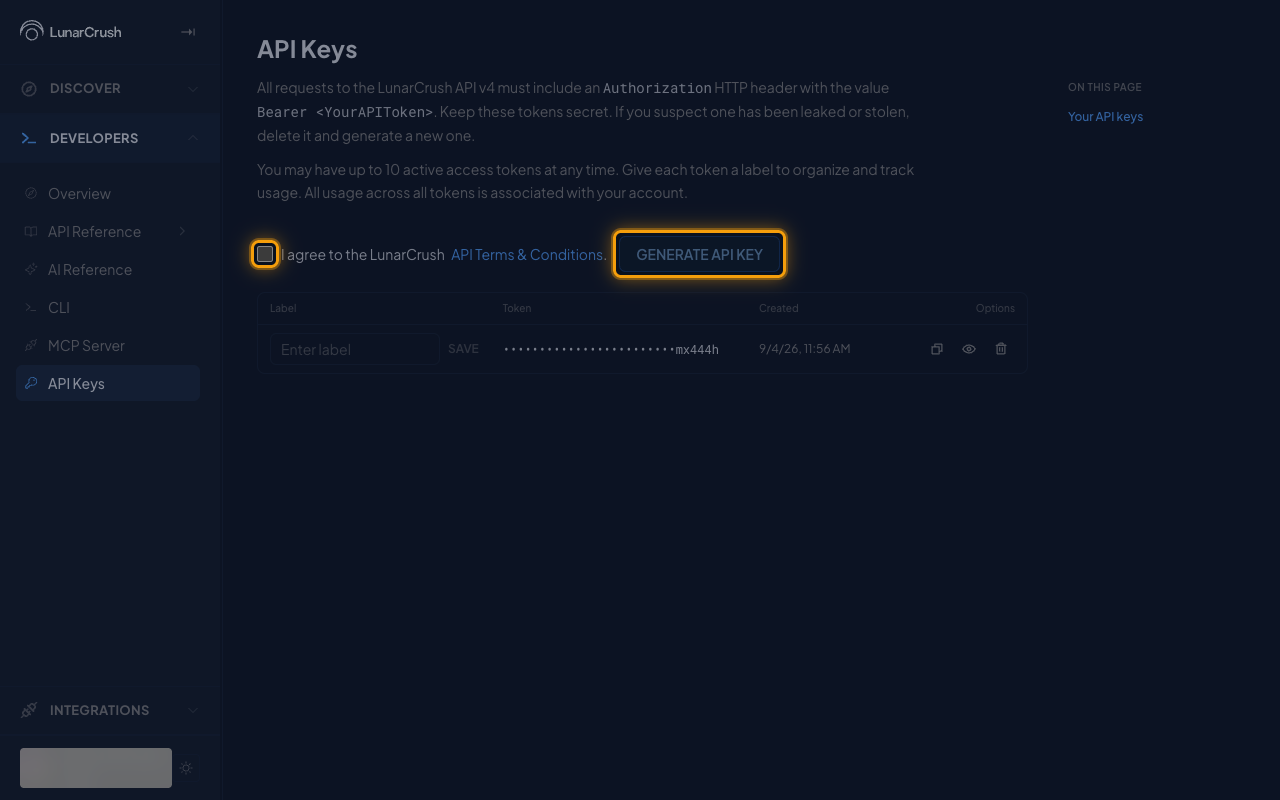 The API Keys page with the terms checkbox and the Generate API key button highlighted