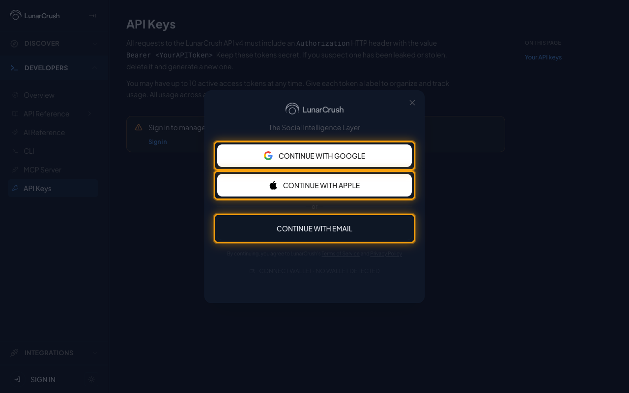 The LunarCrush sign-in dialog with the Google, Apple, and Email options highlighted