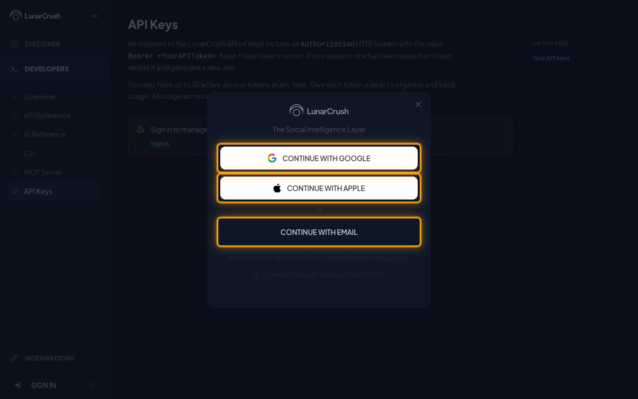 The LunarCrush sign-in dialog with the Google, Apple, and Email options highlighted