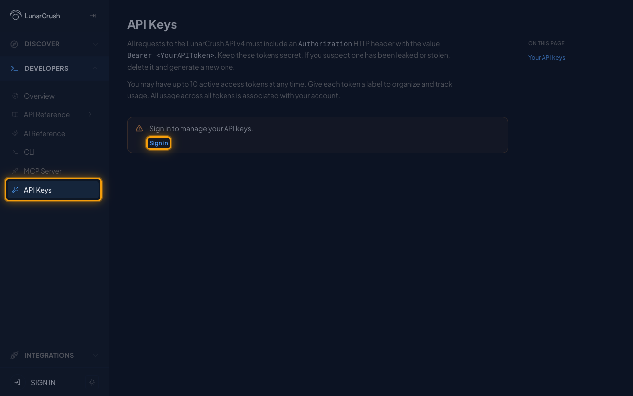 The LunarCrush API Keys page with the API Keys sidebar item and the Sign in button highlighted