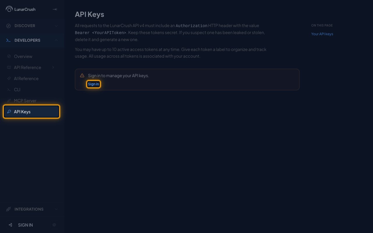 The LunarCrush API Keys page with the API Keys sidebar item and the Sign in button highlighted