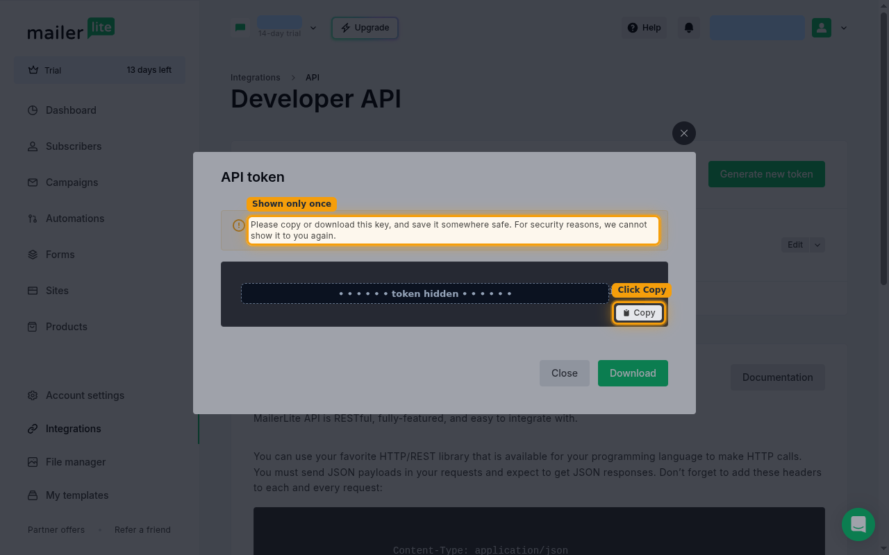 The generated API token screen with the token value hidden and the Copy button highlighted.