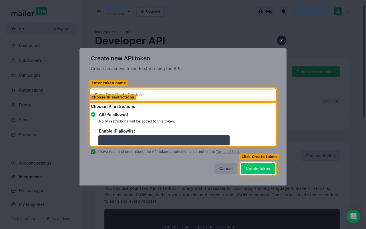 The Create new API token dialog with the token name field, IP restrictions, and Create token button highlighted.