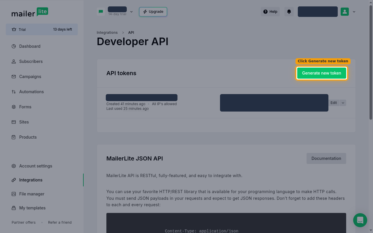 The Developer API page with the Generate new token button highlighted.