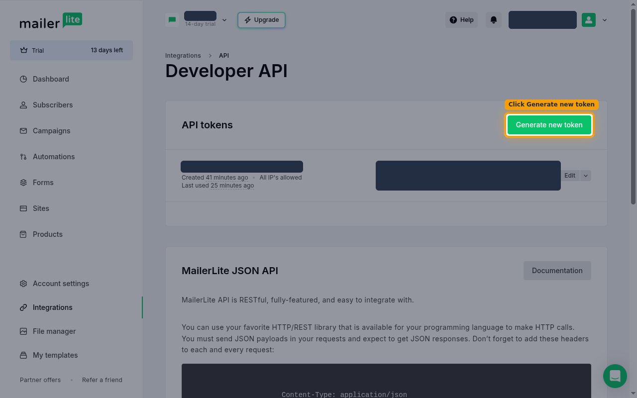 The Developer API page with the Generate new token button highlighted.