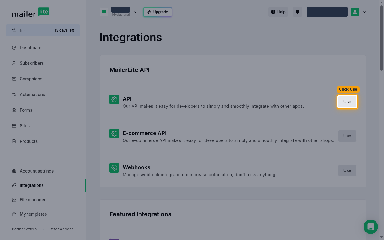 The MailerLite Integrations page with the Use button next to the API card highlighted.