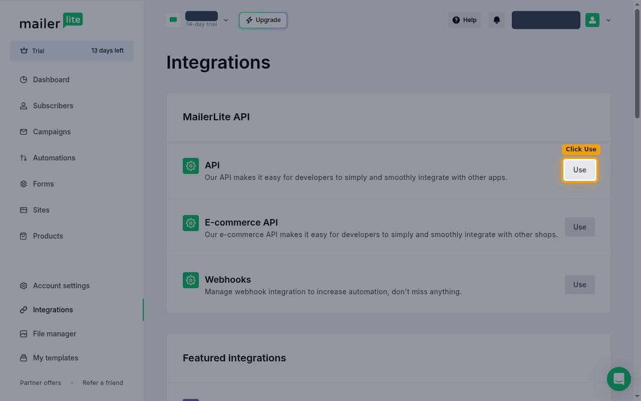 The MailerLite Integrations page with the Use button next to the API card highlighted.