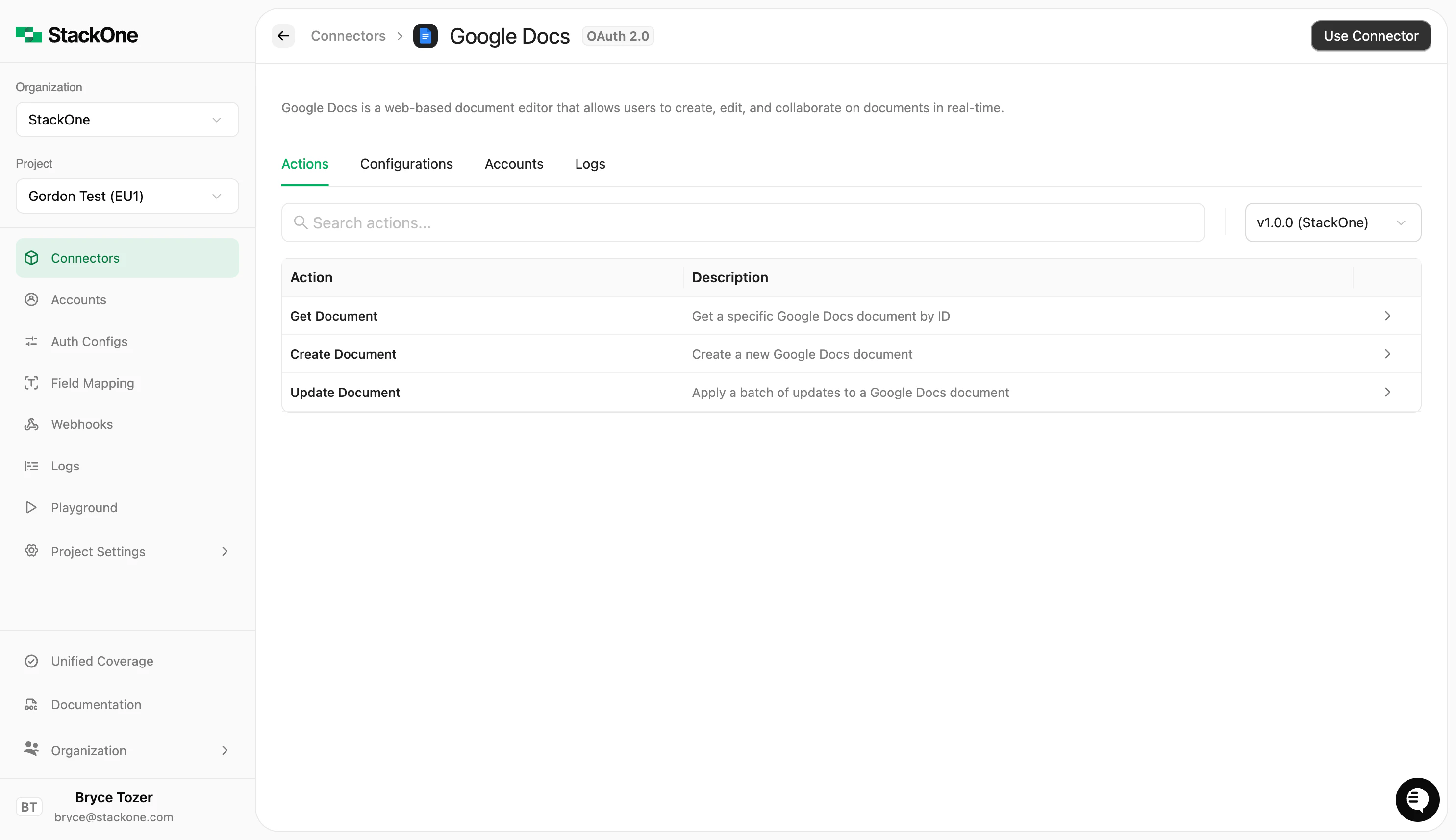 Connector detail page showing the Use Connector button in the top-right header