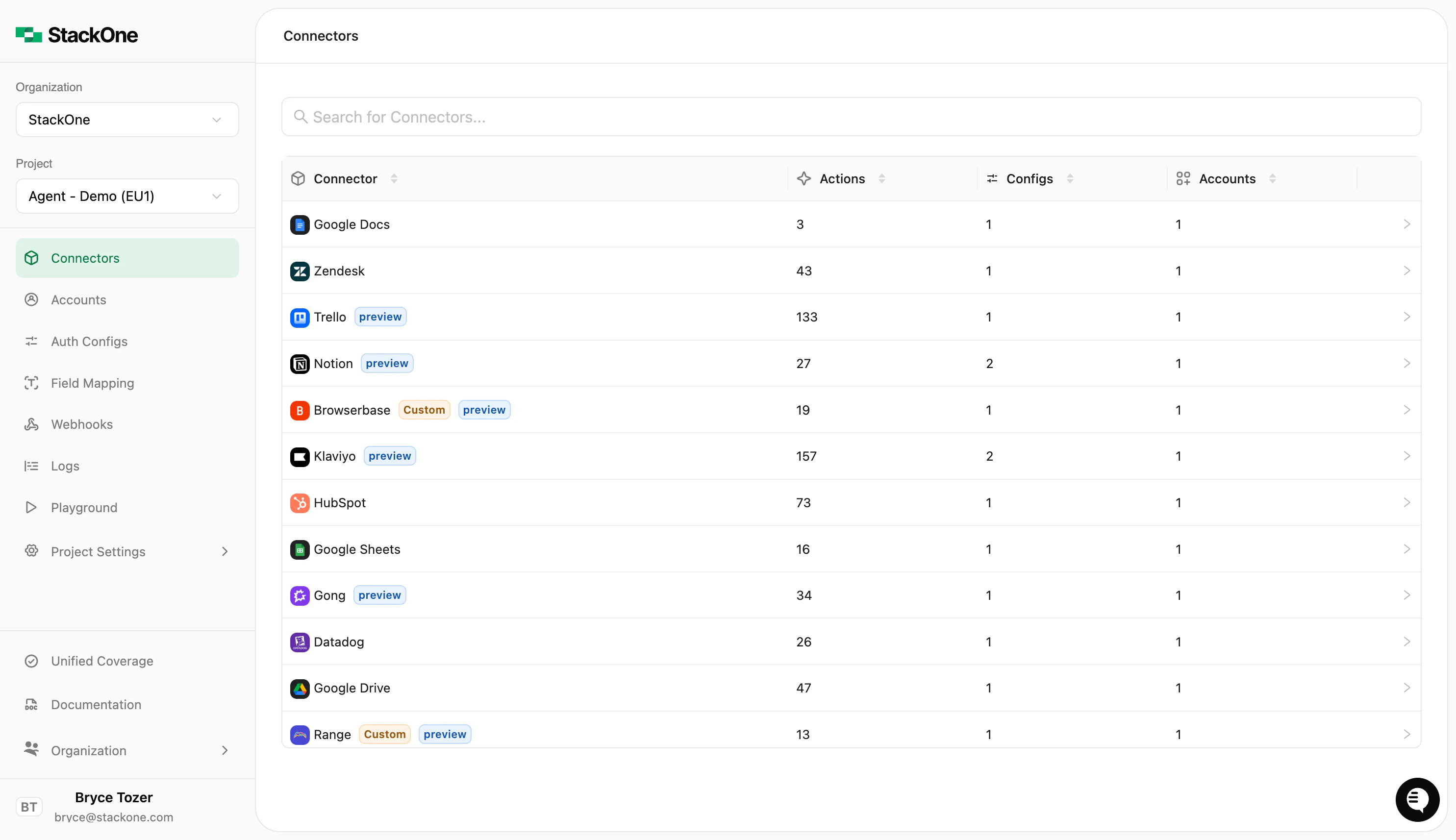 Connectors list showing available connectors with Actions, Configs, and Accounts counts