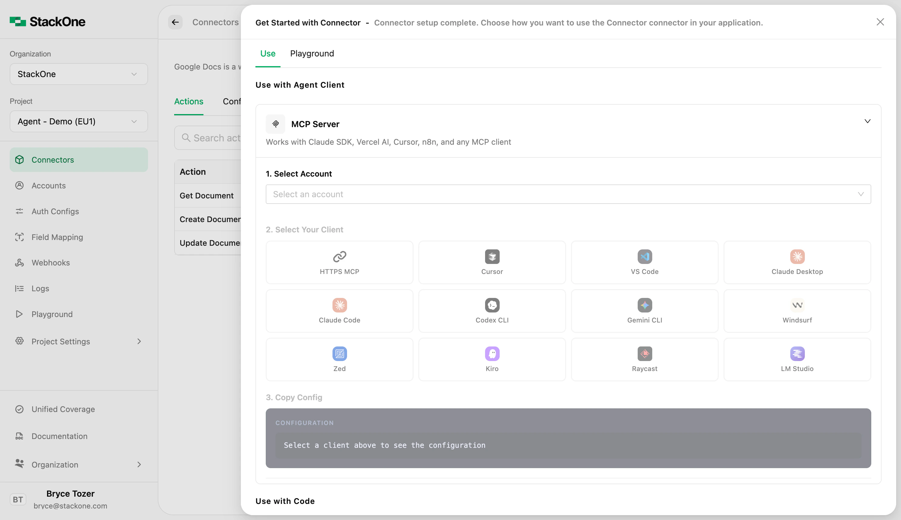 MCP Server tile showing account selector dropdown