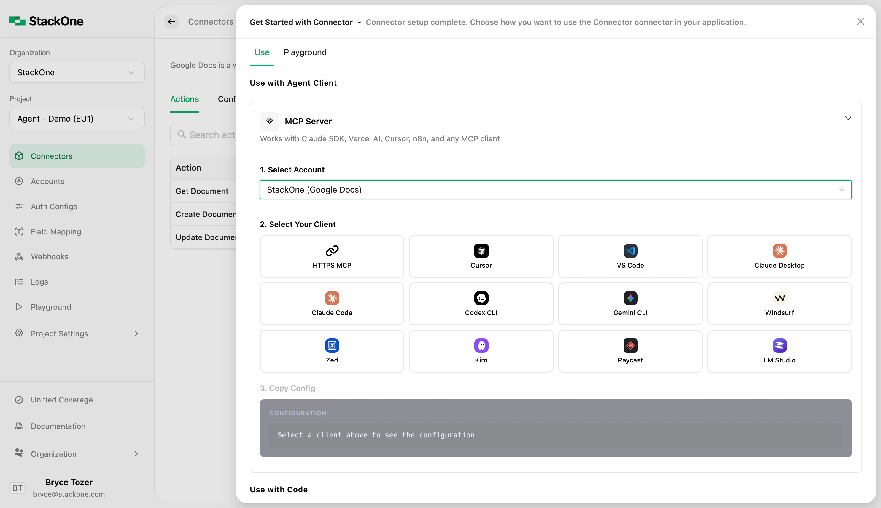 Client selection grid showing icons for all supported MCP clients