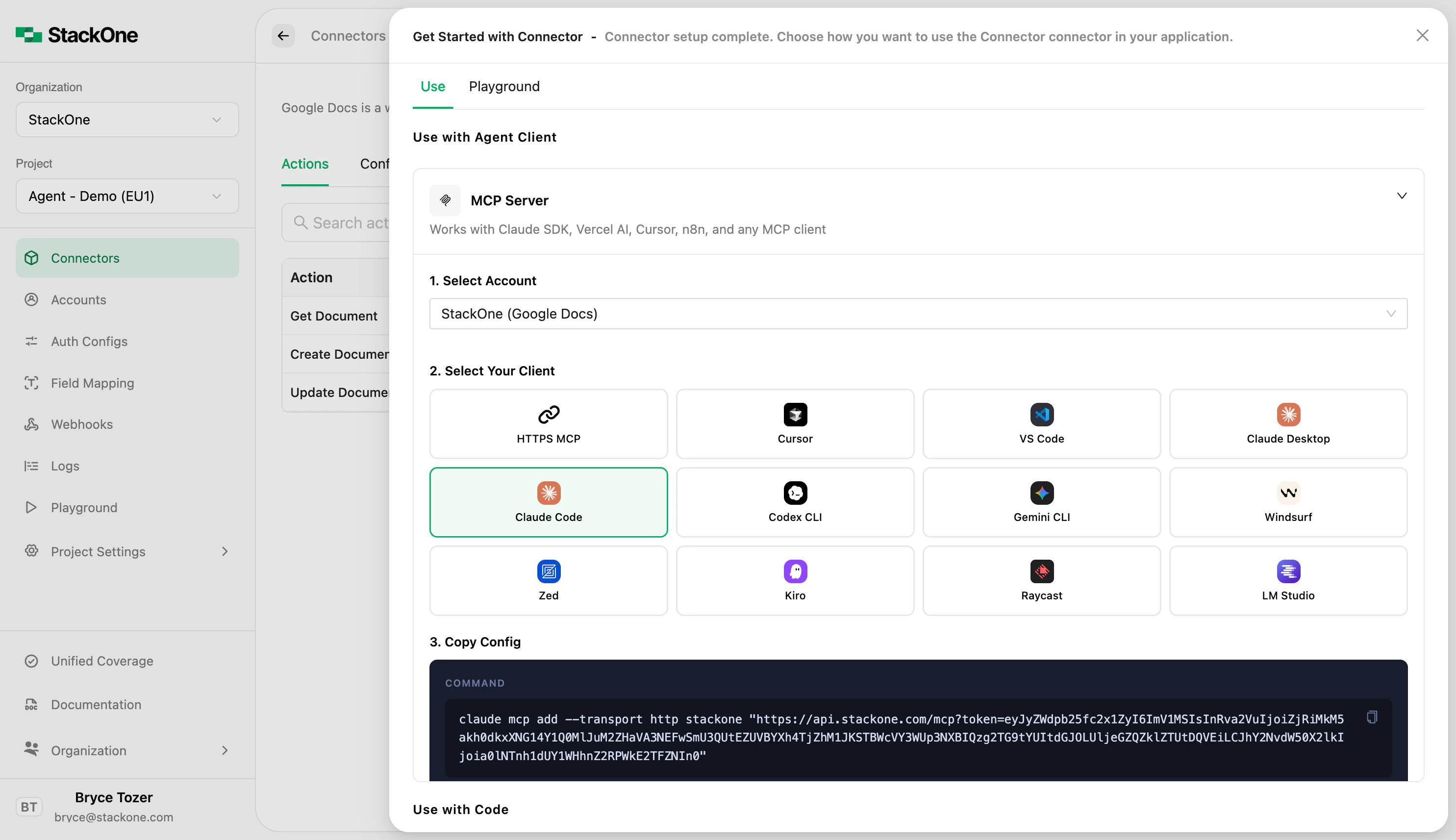 Config panel showing JSON configuration with copy button and file path