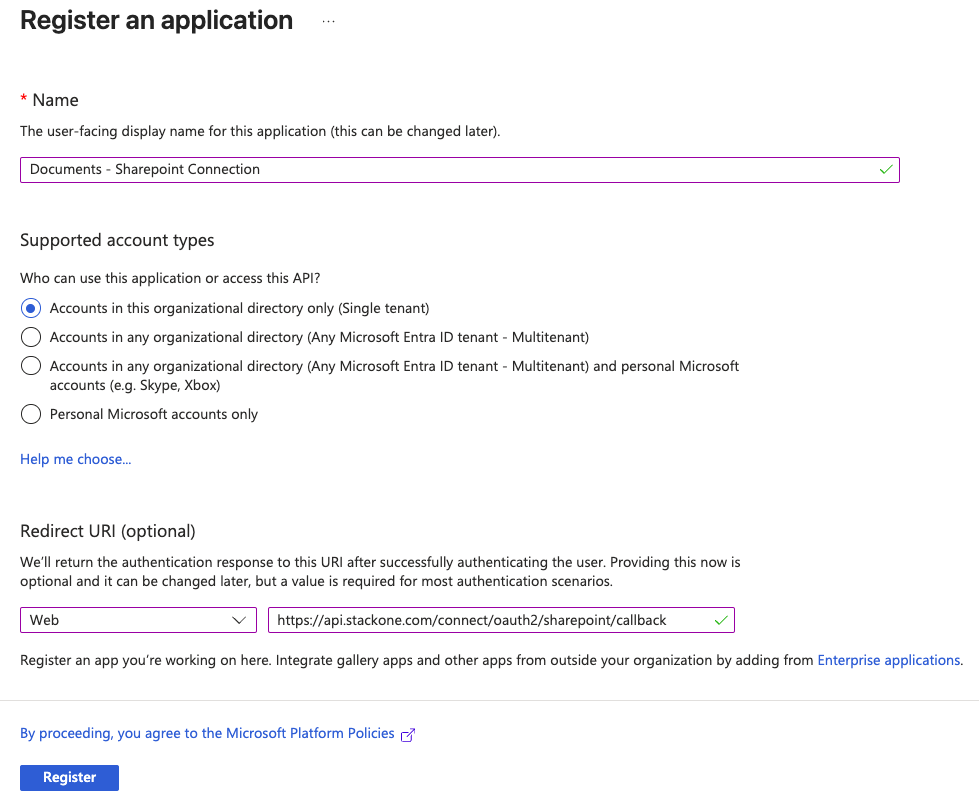 Ms Entra Register App Sharepoint Single Tenant