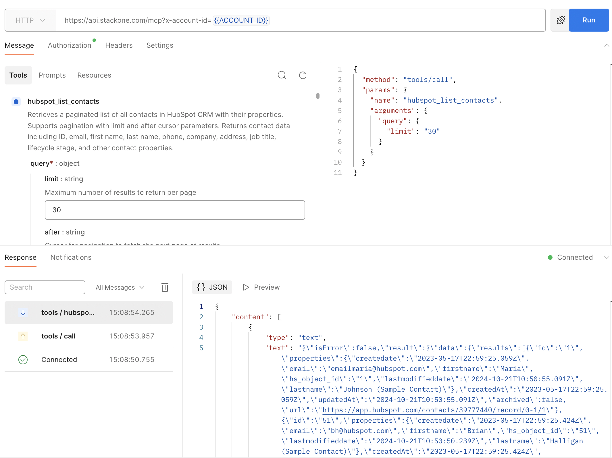 Postman MCP request showing a selected tool, request parameters, and JSON response