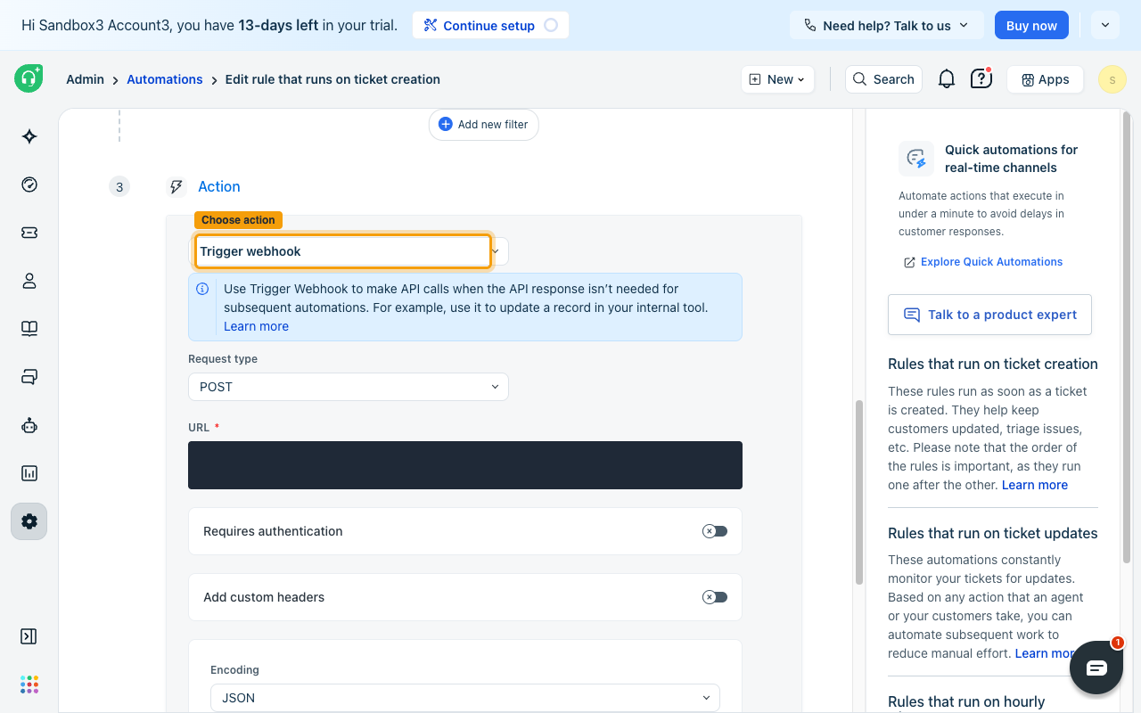 The rule editor with the Choose action selector highlighted in the Action section