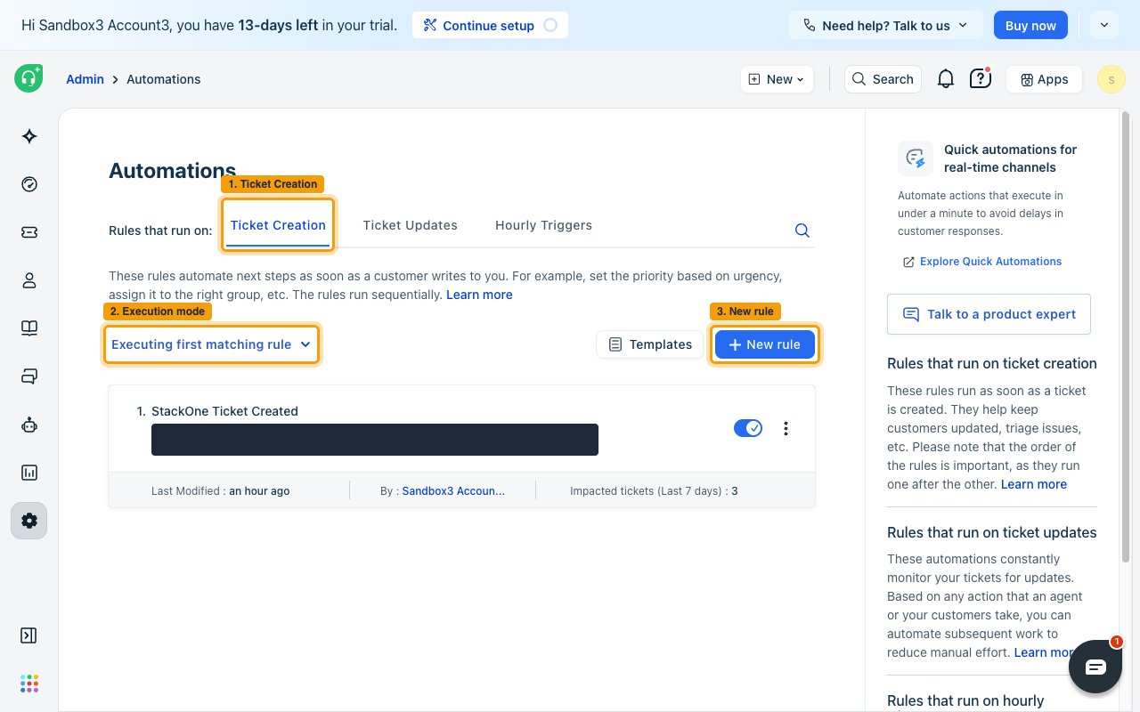 The Automations page on the Ticket Creation tab with the New rule button highlighted